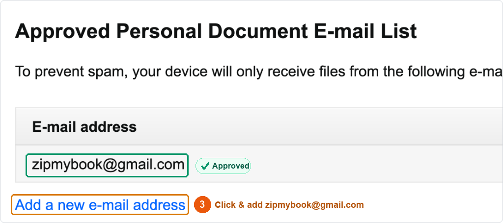 Amazon Approved Personal Document Email List Screenshot